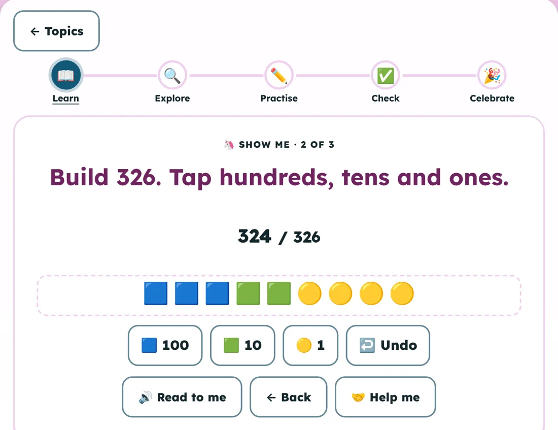 A Show me step: building 326 by tapping hundreds, tens and ones blocks