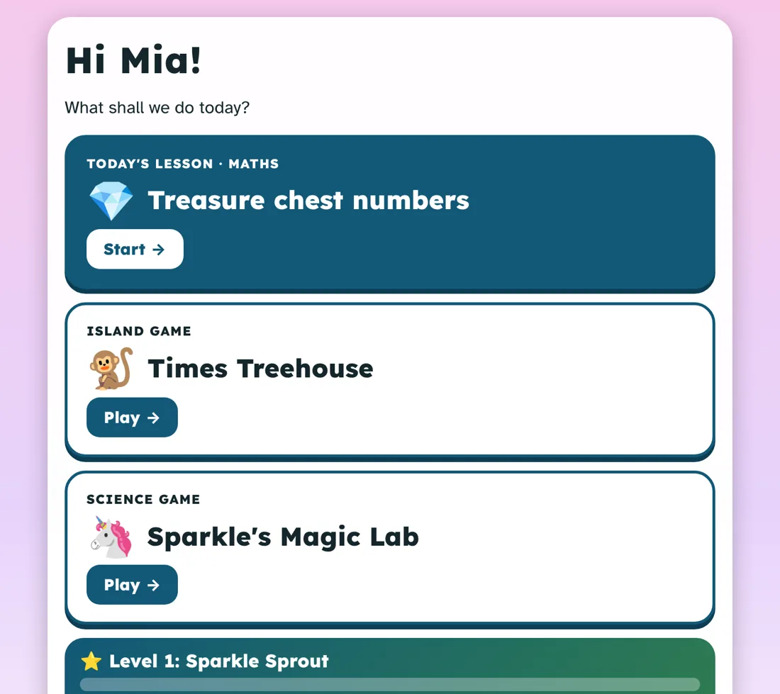 A child's Today screen with a magic-themed maths lesson, an island game and a science game